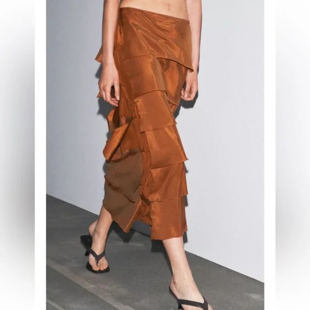 Zara Copper Brown Tiered Satin Midi Skirt
